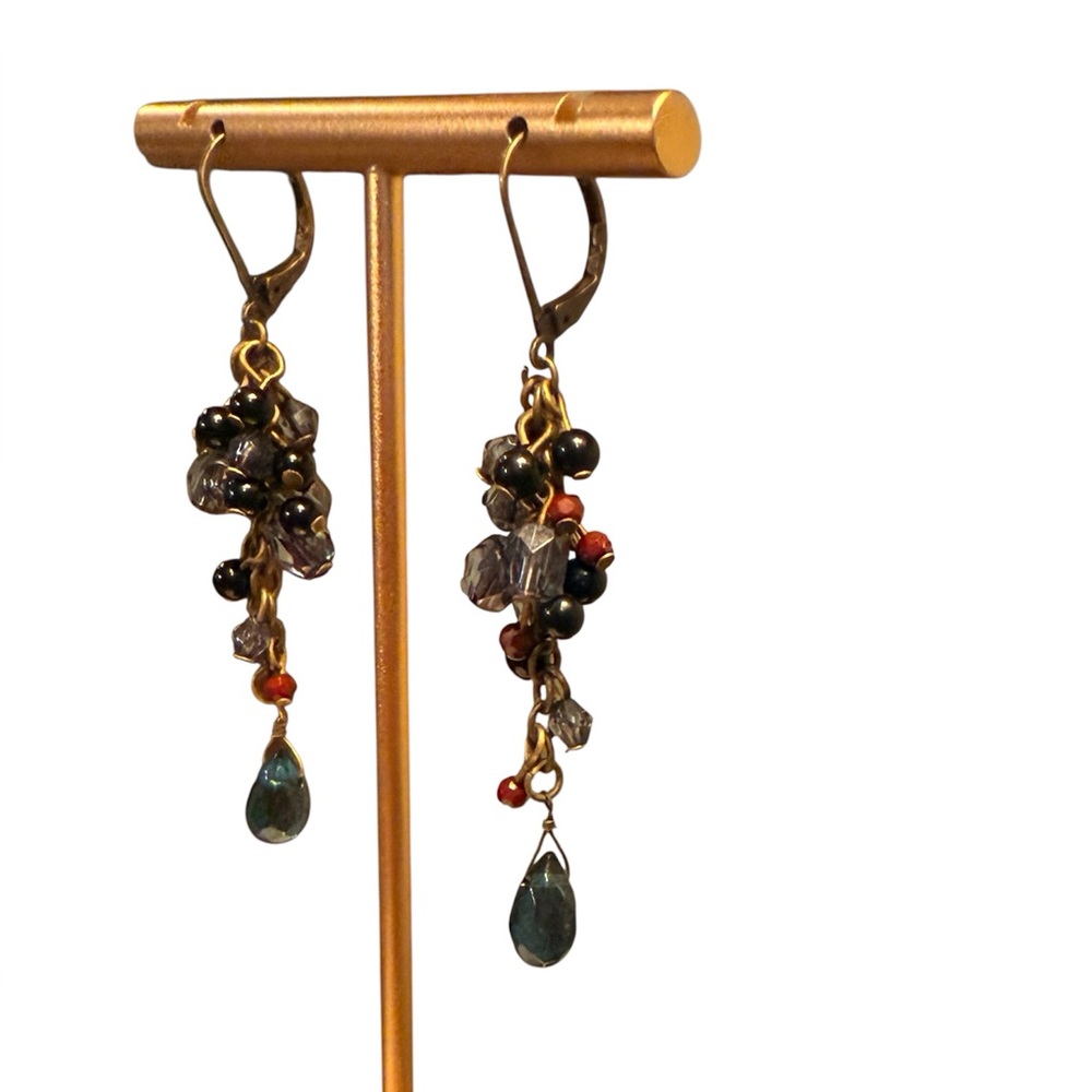 Vintage Multicolor Grey/Blue Tone Beaded 2.5” Drop Cluster Earrings